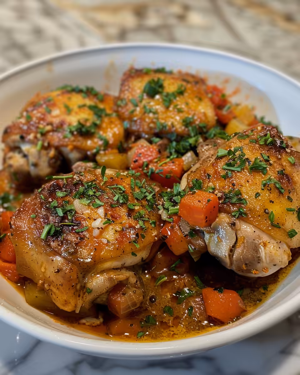 Final plated chicken thigh osso bucco served with sauce and herbs