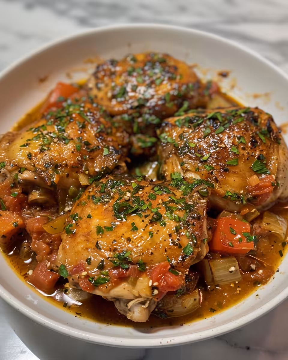 Tender chicken thighs cooking in pressure cooker with golden skin and rich sauce