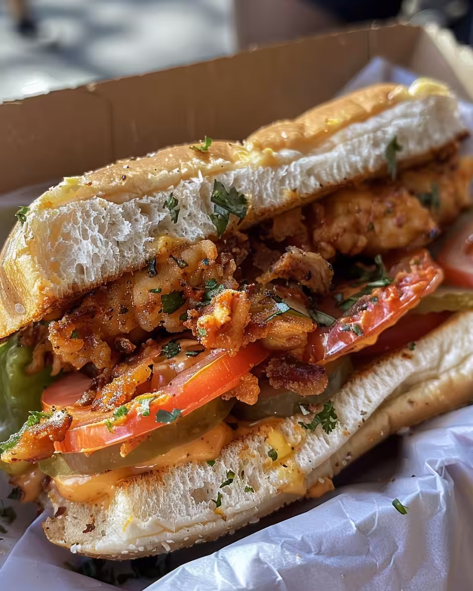 Final plated chicken torta sandwich sliced in half showing filling