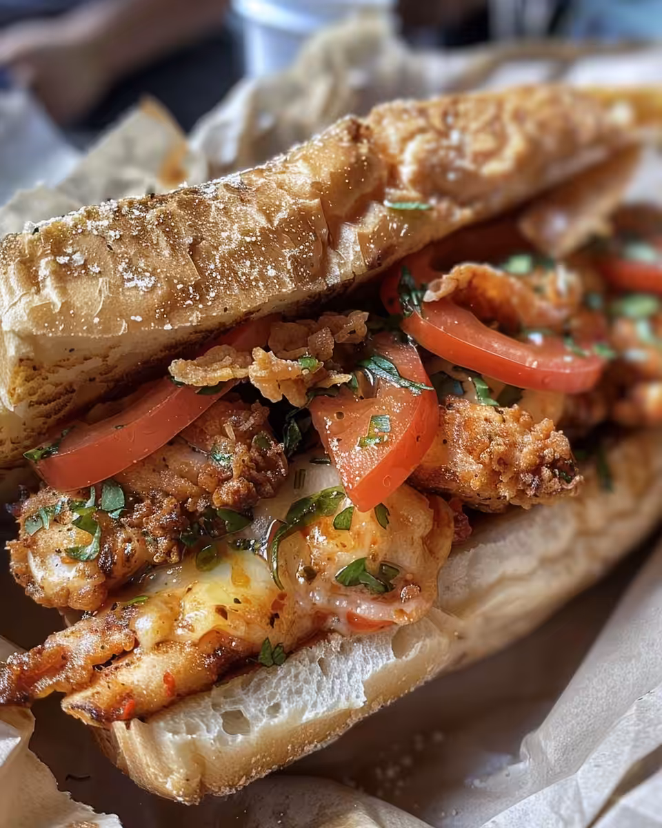 Close-up of chicken torta sandwich with avocado and melted cheese on toasted roll