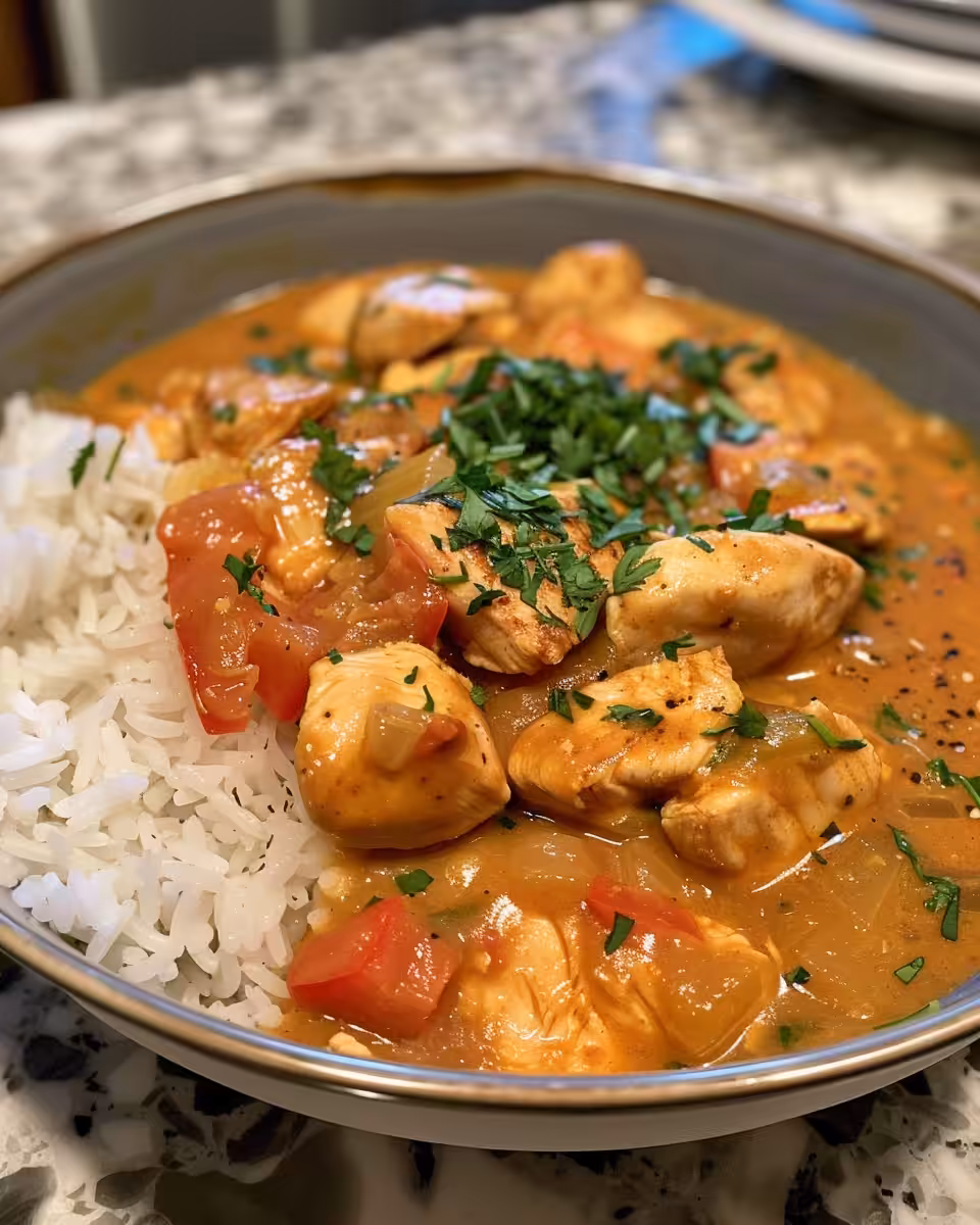 Pressure cooker with chicken étouffée cooking inside, steam and pressure building