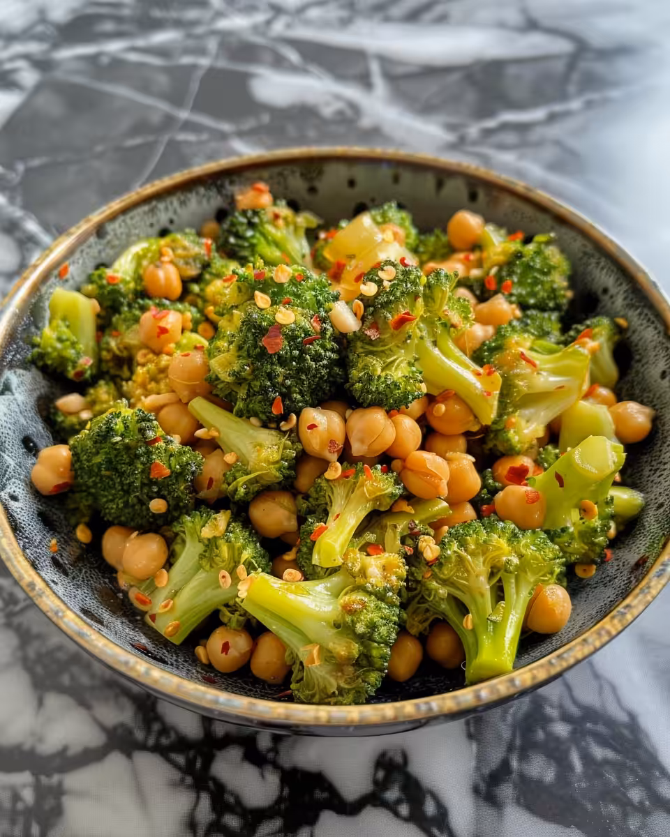 Ingredients for chili-garlic broccoli and chickpeas including broccoli, chickpeas, and sauces