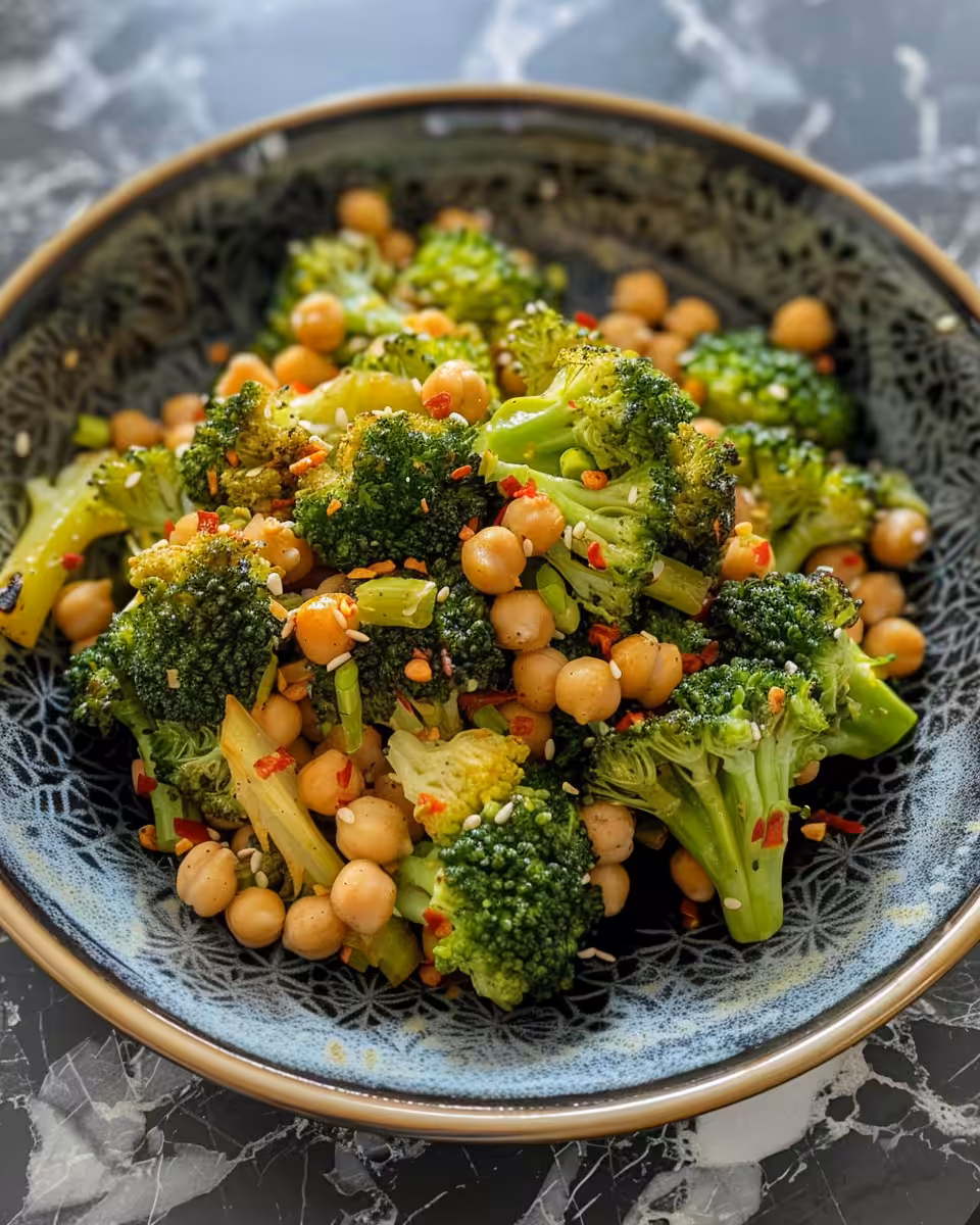 Finished chili-garlic broccoli and chickpeas dish plated and ready to eat