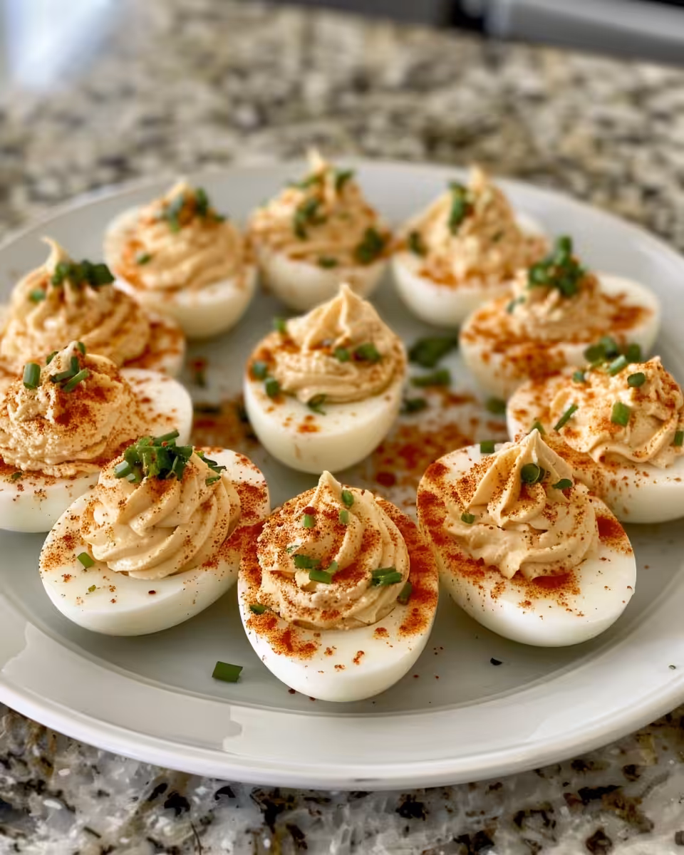 Beautifully plated deviled eggs served on ceramic dish with garnishes