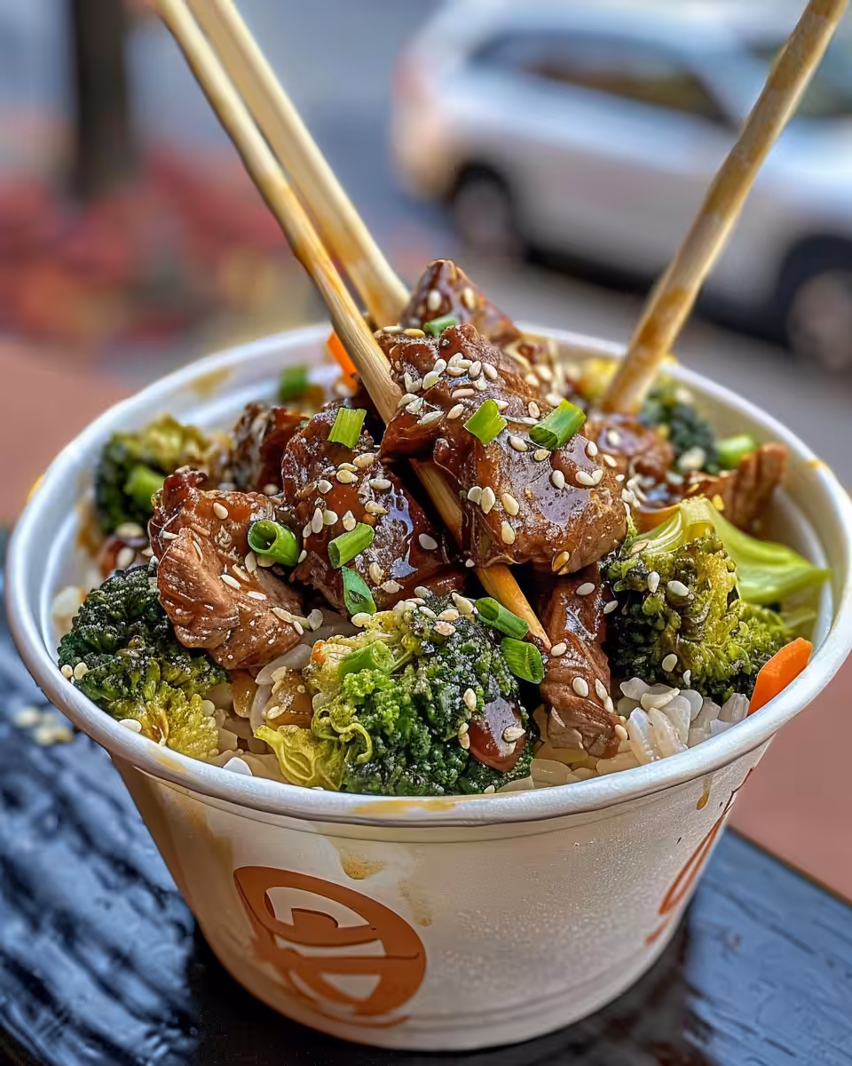 Final plated Chinese beef and broccoli served with sesame seeds