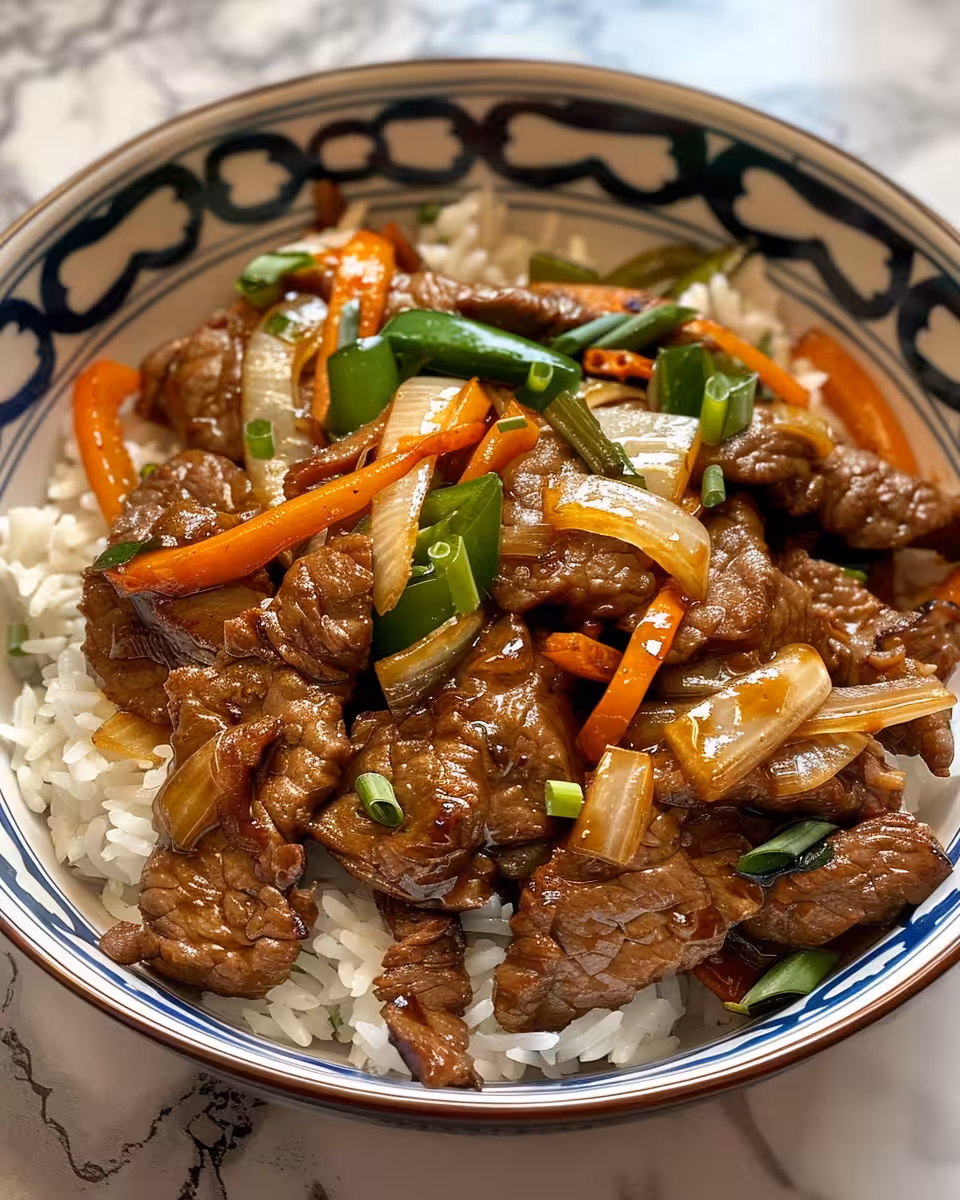 Final Chinese beef and onion stir fry plated and ready to serve