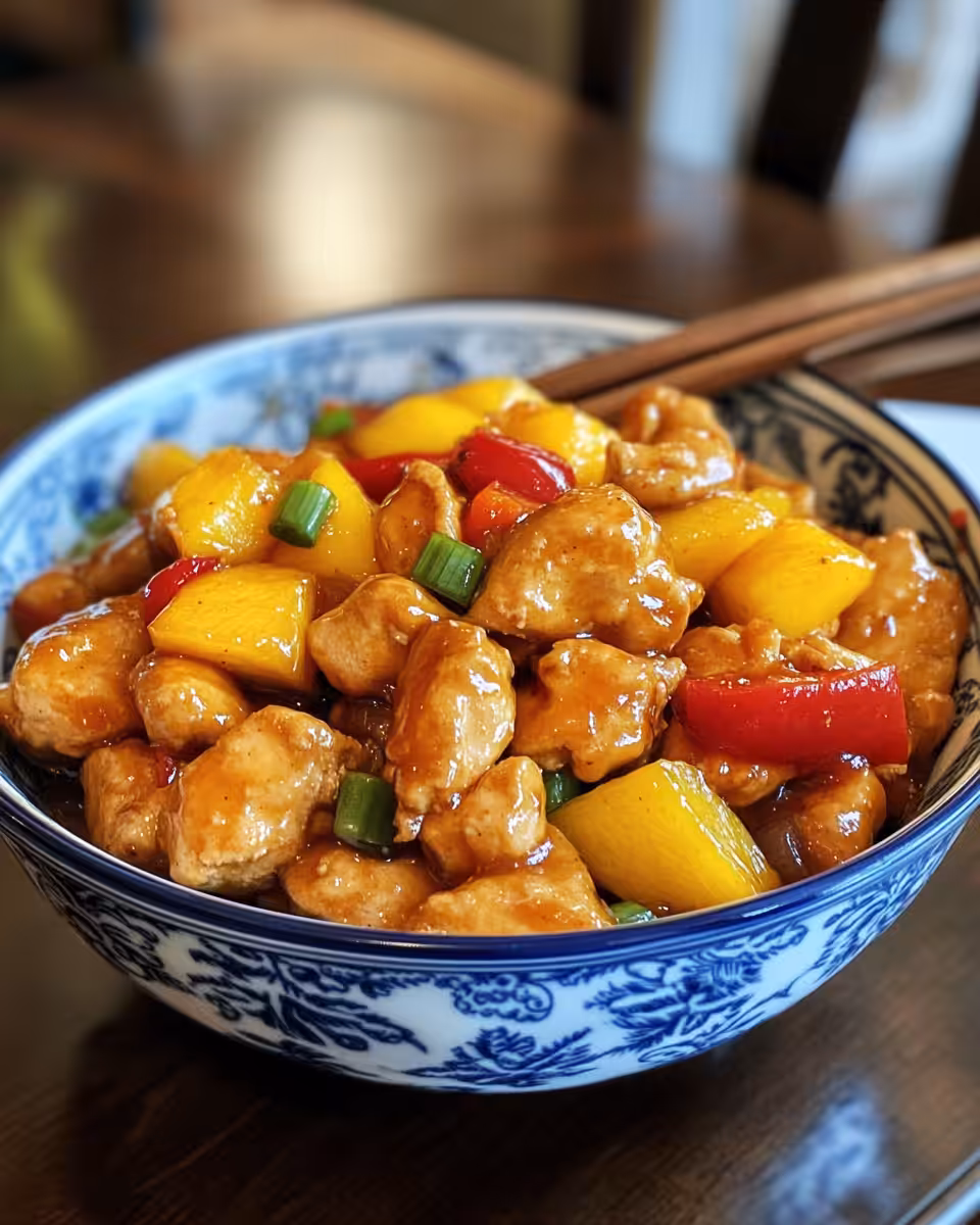 Close-up of pressure cooker with delicious mango chicken stir-fry inside, steaming