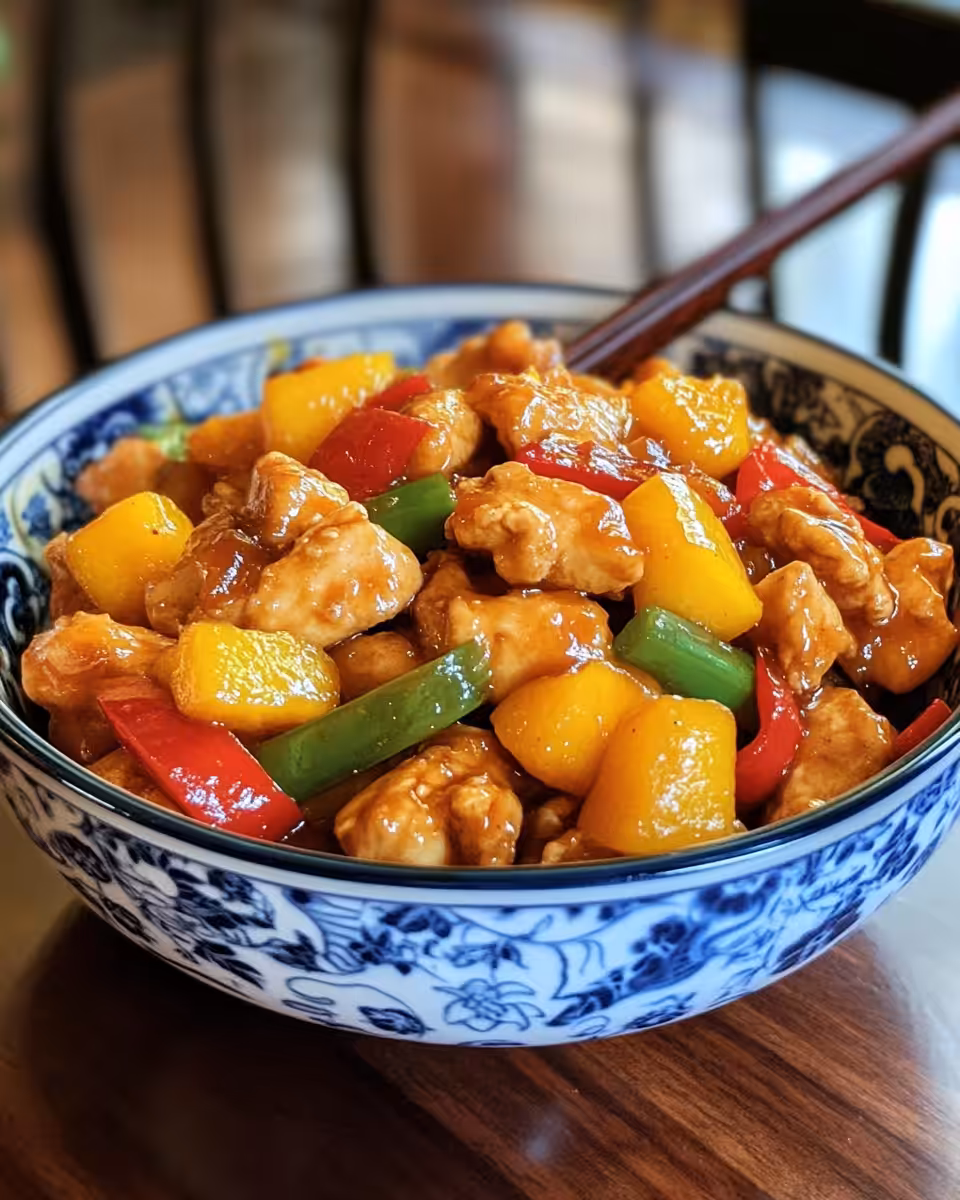 Ingredients for mango chicken stir-fry including sliced mango and green pepper