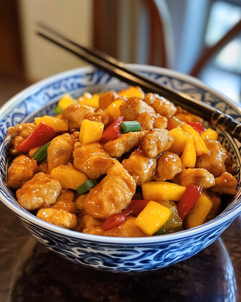 Finished mango chicken stir-fry served with rice, garnished with green onions