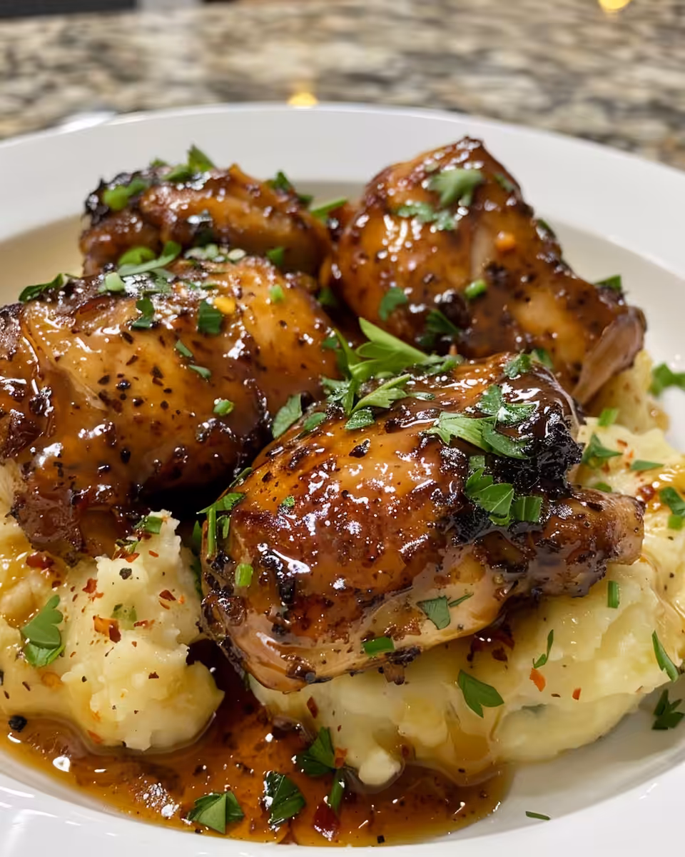 Grilled chipotle honey chicken thighs plated with smoked gouda mashed potatoes