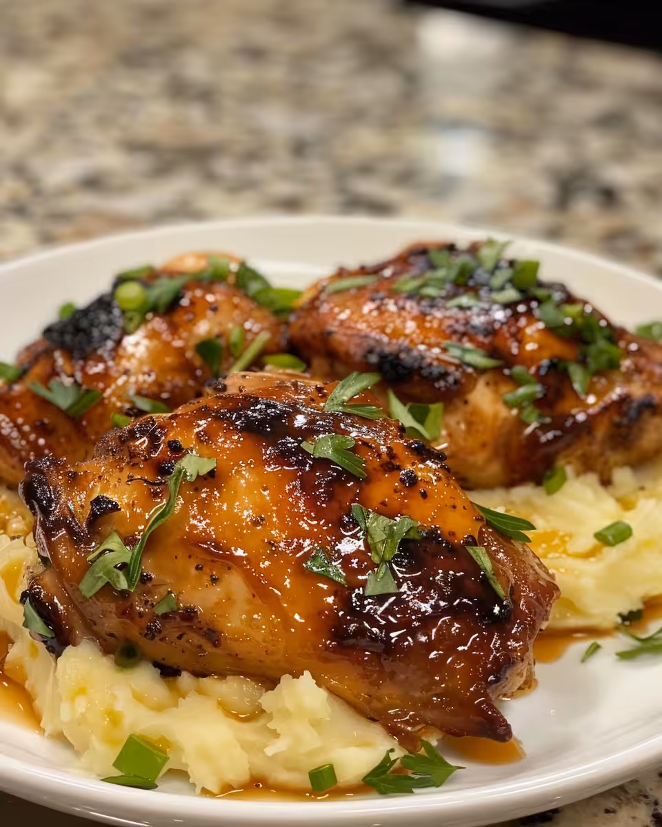 Plated chipotle honey chicken thighs with smoked gouda mashed potatoes ready to serve