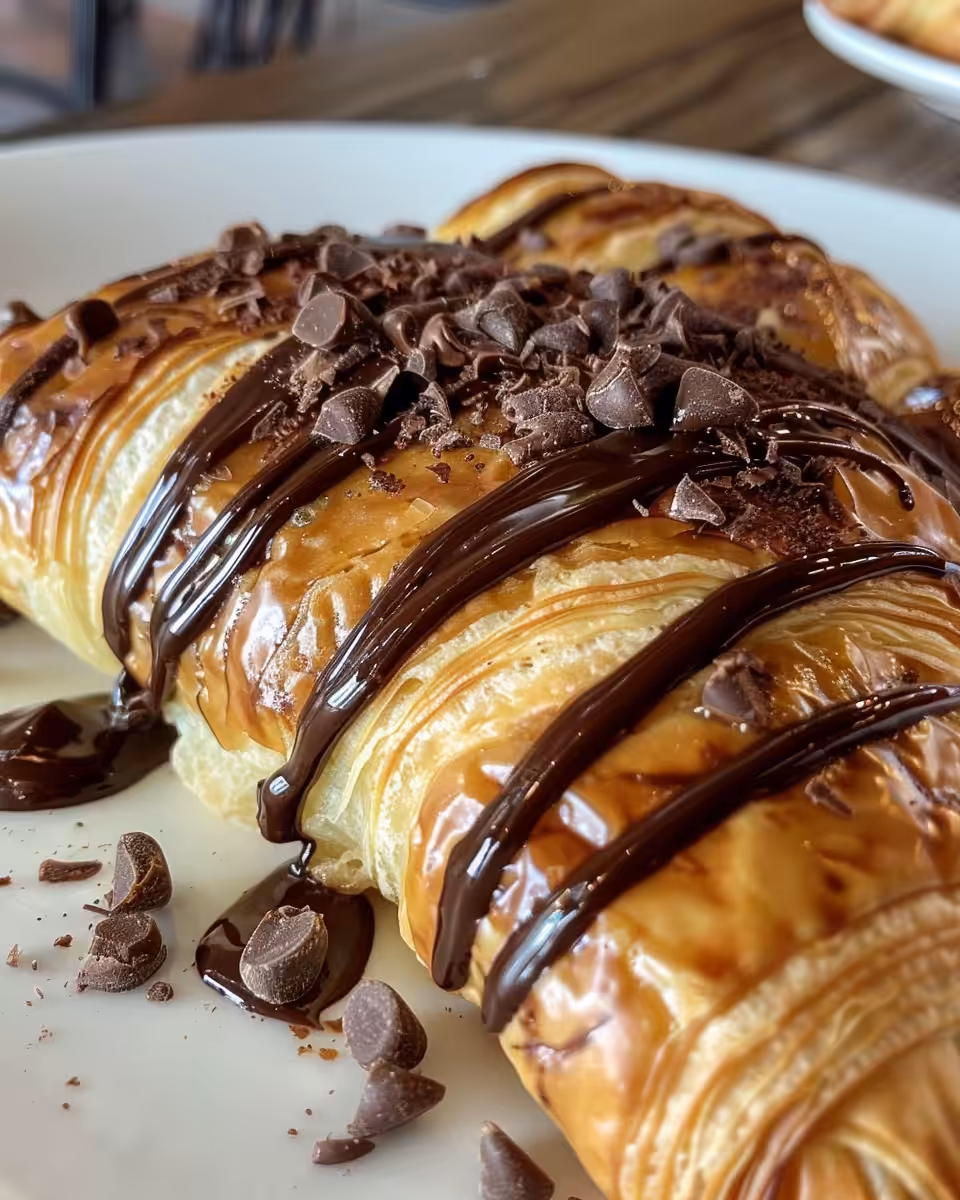 Golden baked chocolate croissant breakfast casserole ready to serve