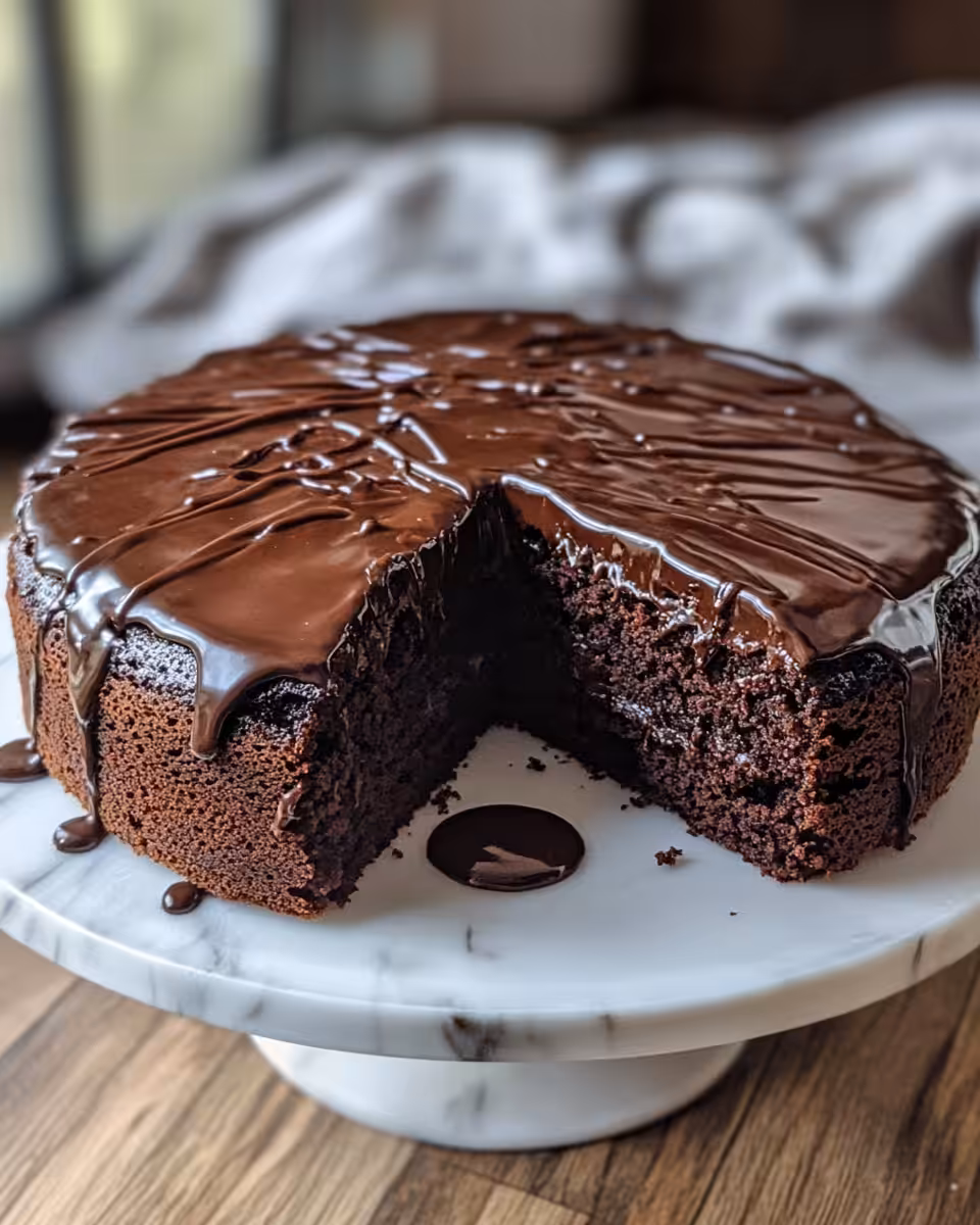 Moist Chocolate Zucchini Cake baking with steam rising around