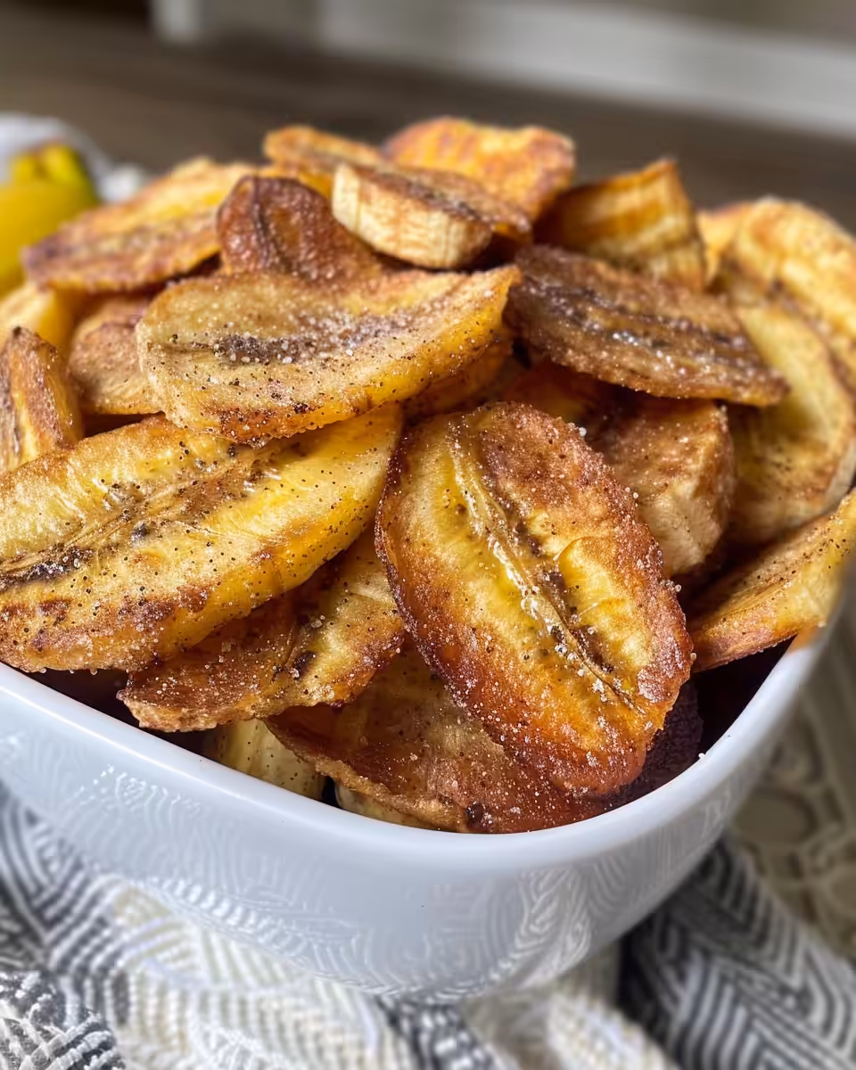 Close up of cinnamon sugar air fryer banana chips cooling