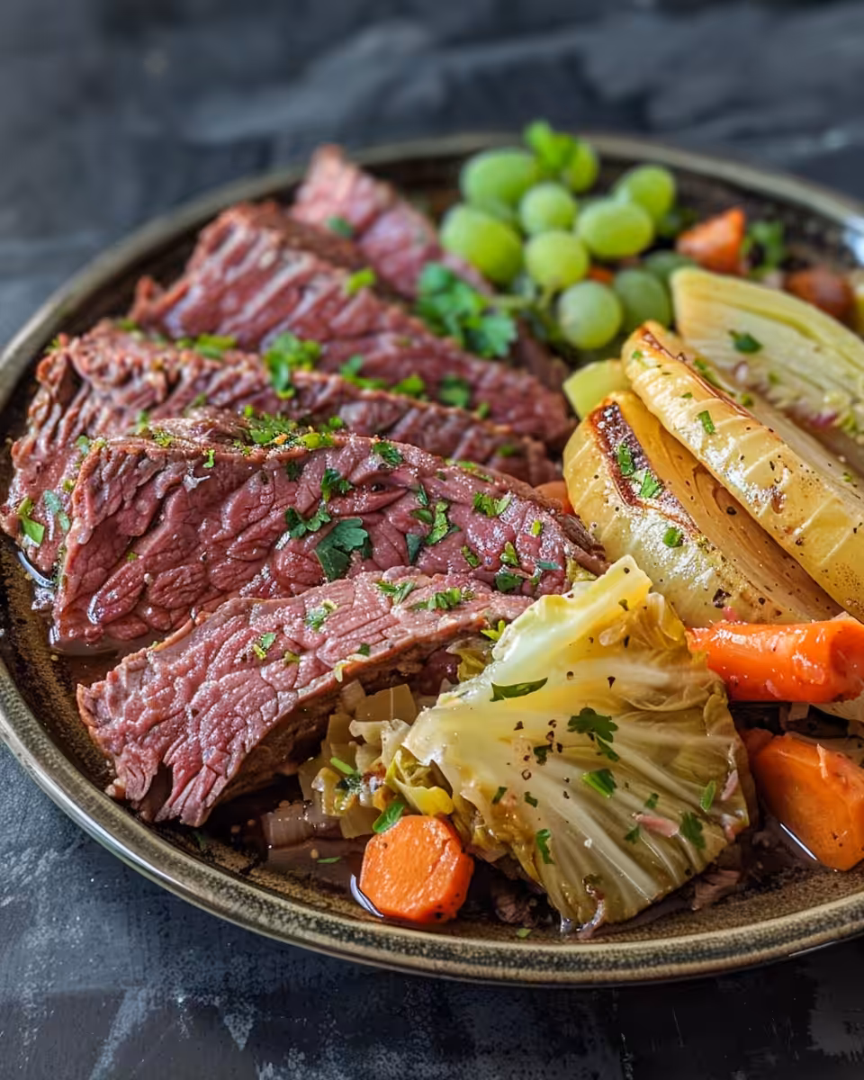 Sliced corned beef and cabbage served on a plate, showing tender meat and vibrant veggies