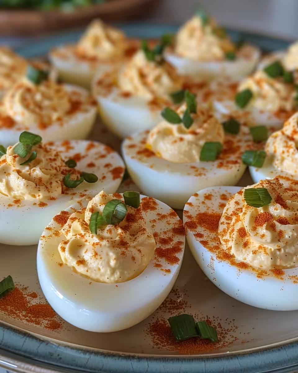 Plated classic deviled eggs garnished with paprika and fresh herbs
