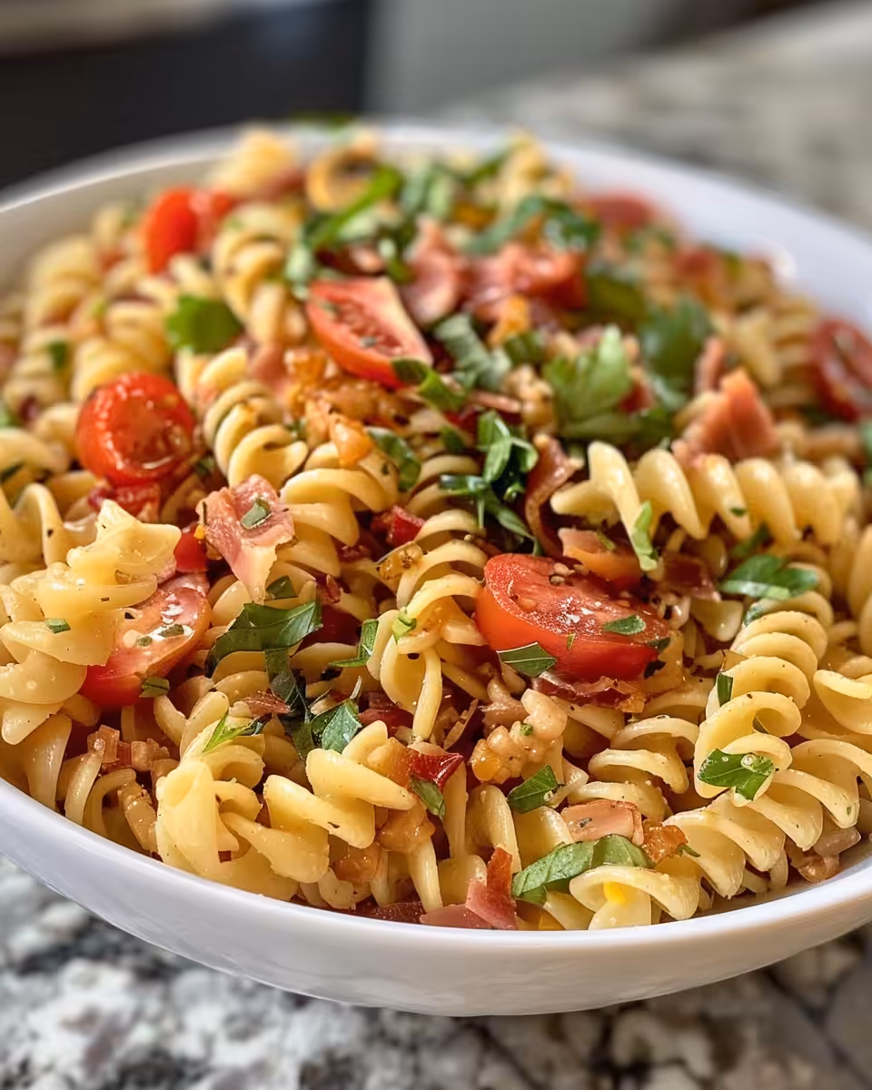 Ingredients for Dairy Free BLT Pasta Salad like elbow macaroni, crumbled bacon, romaine lettuce, and grape tomatoes
