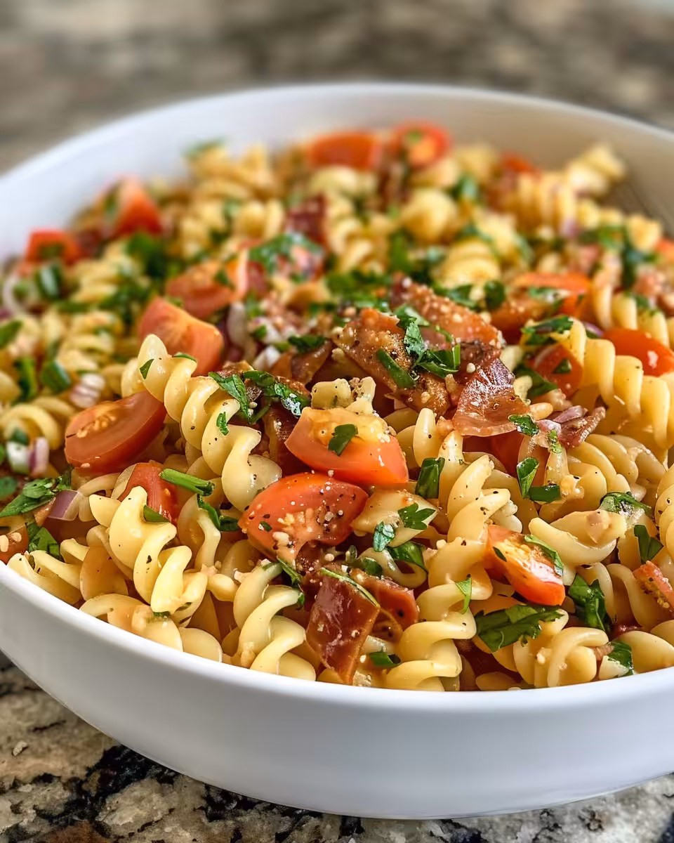 Chilled Dairy Free BLT Pasta Salad in bowl, ready to serve