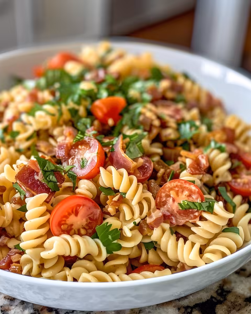 Dairy Free BLT Pasta Salad freshly made and served