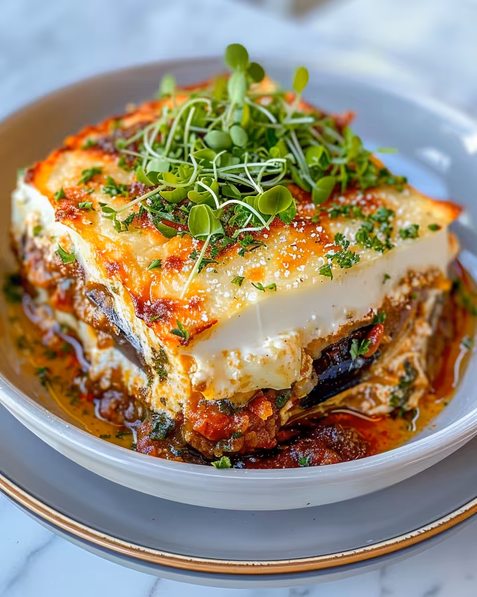 Served plate of Egyptian Moussaka with fresh parsley and crunchy nuts on top