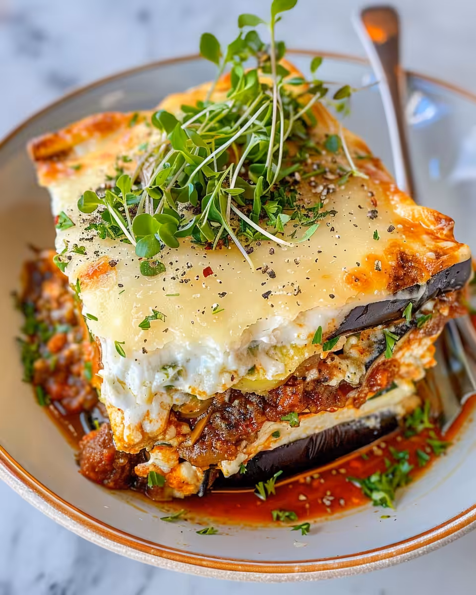 Classic Greek Eggplant Moussaka steaming in a casserole dish