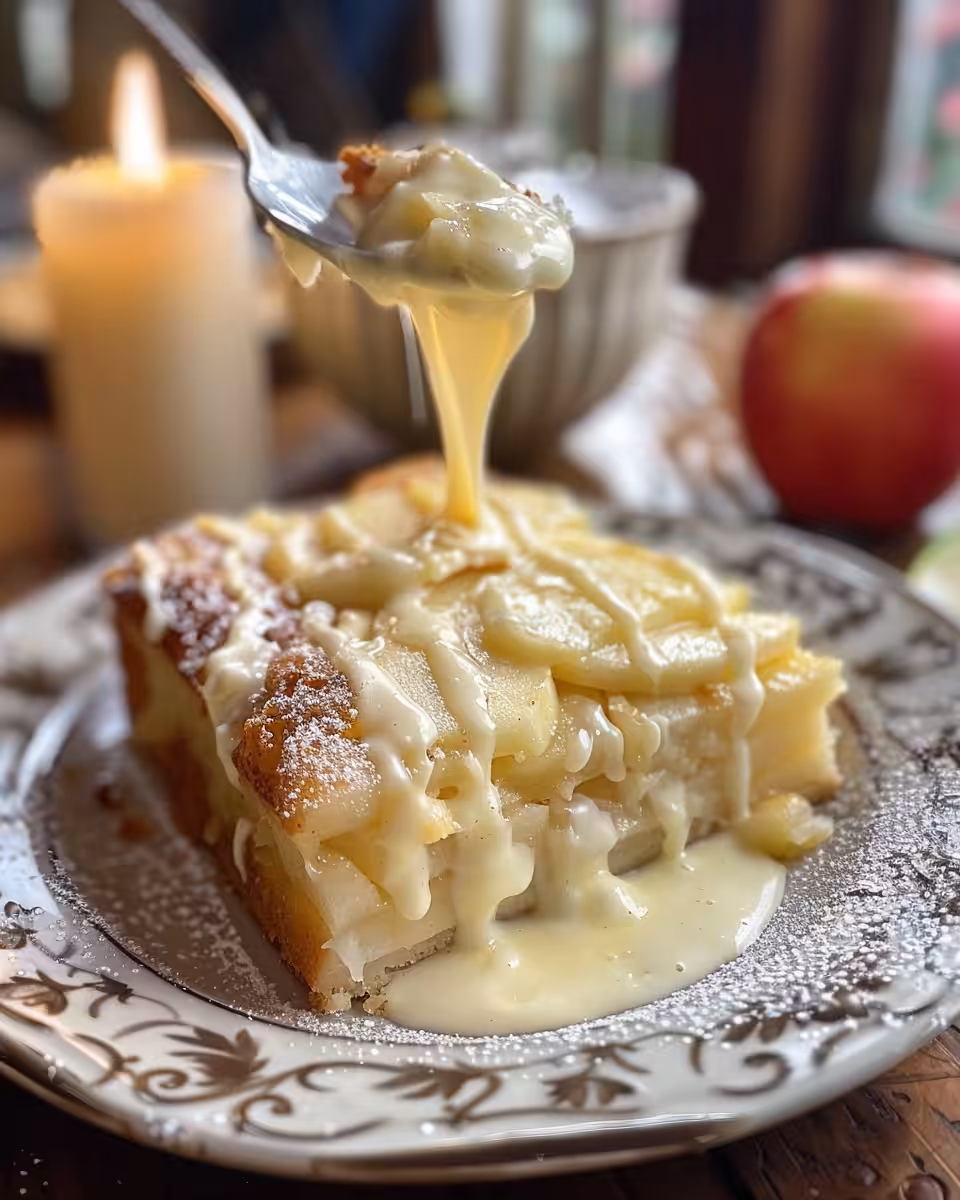 Finished Irish apple cake with sugar crust and custard sauce served on plate