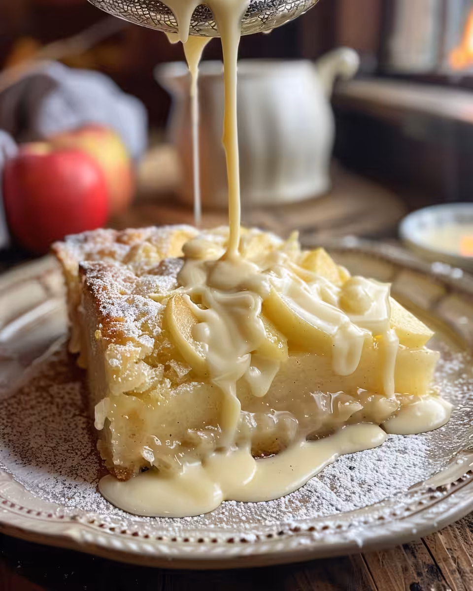 Classic Irish apple cake with custard sauce fresh from pressure cooker