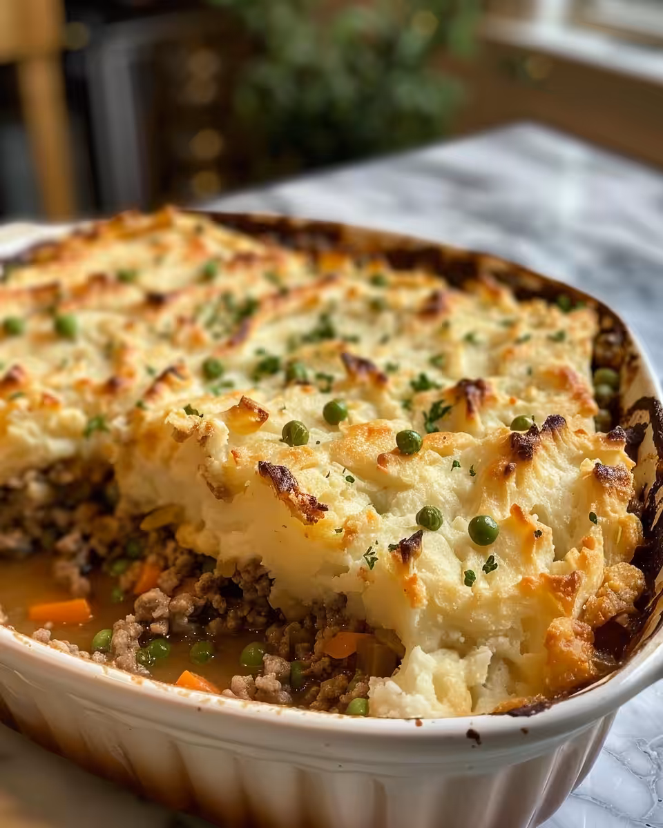 Finished shepherd’s pie with crispy golden potato crust fresh from the oven