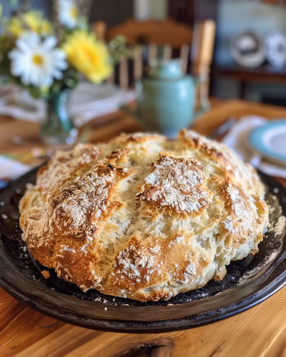 Close up of sliced classic Irish soda bread showing texture inside with raisins and caraway seeds