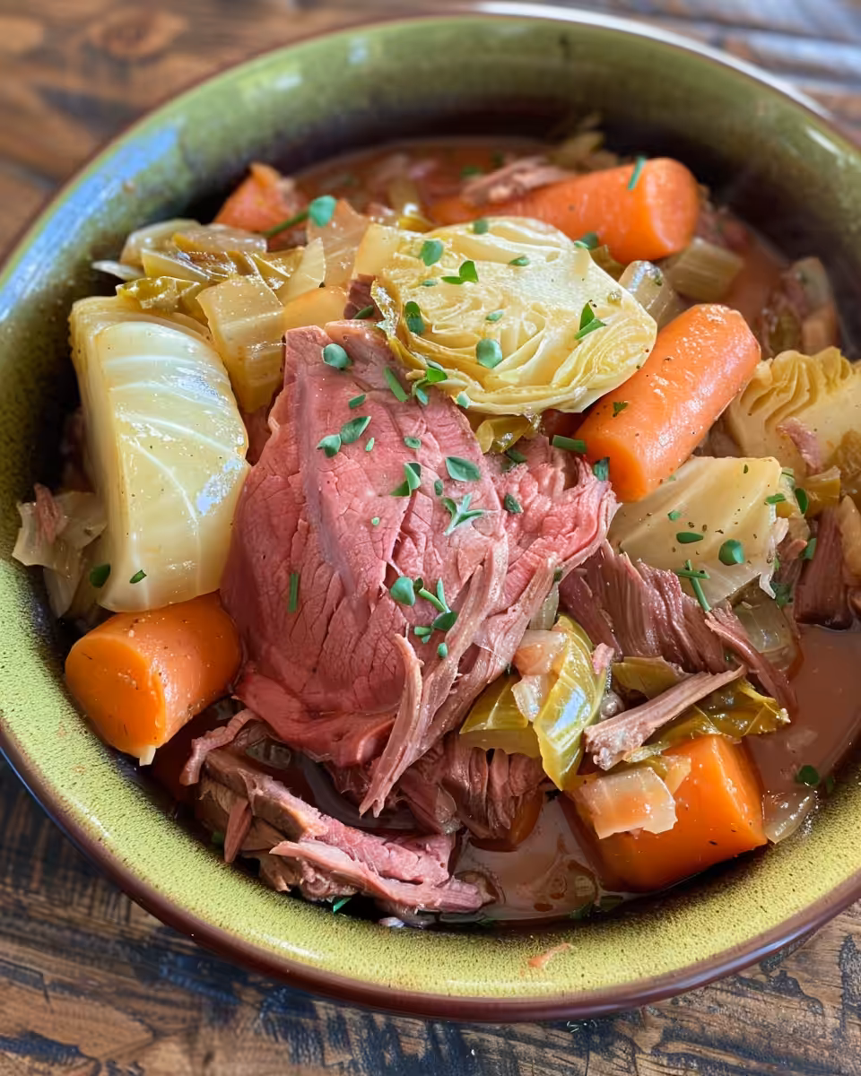 Classic slow cooker corned beef and cabbage fresh in pot with steam