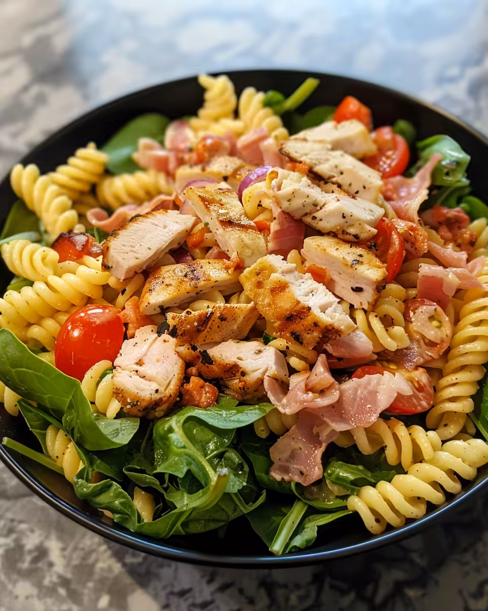 Ingredients for Chicken Club Pasta Salad including bacon, chicken, and cheddar cheese