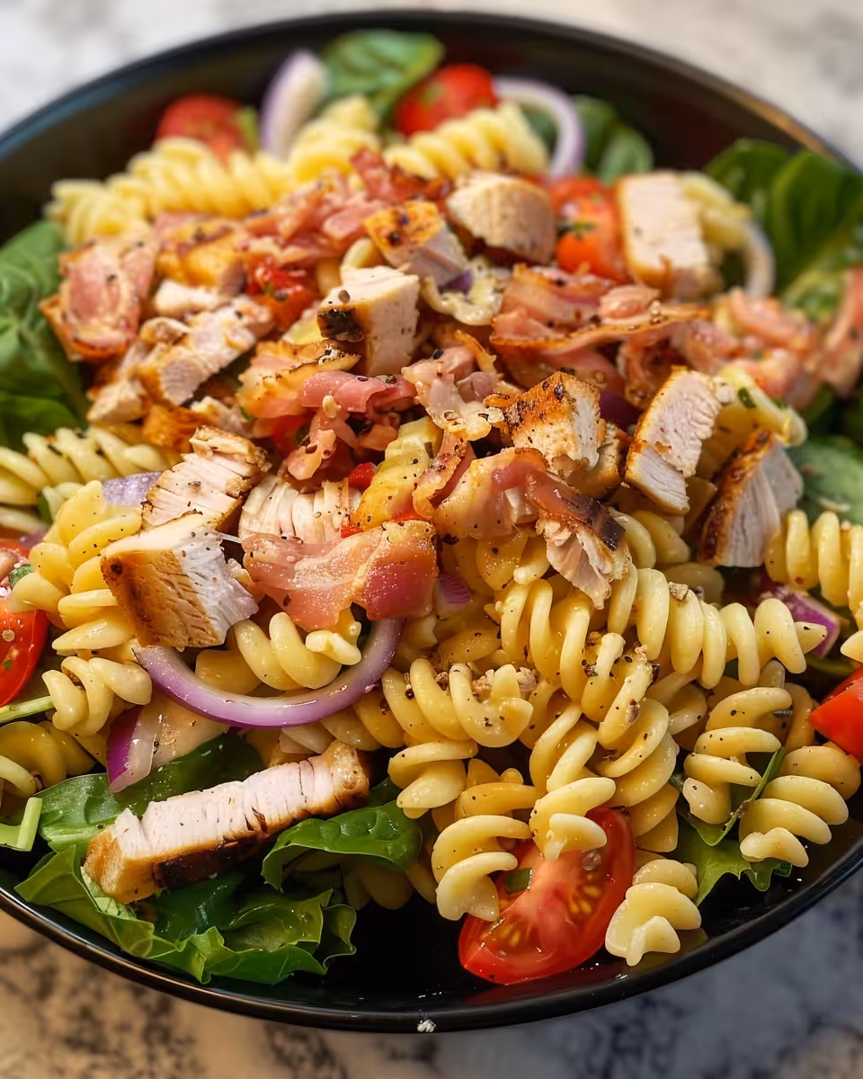 Final Chicken Club Pasta Salad ready to serve on a plate