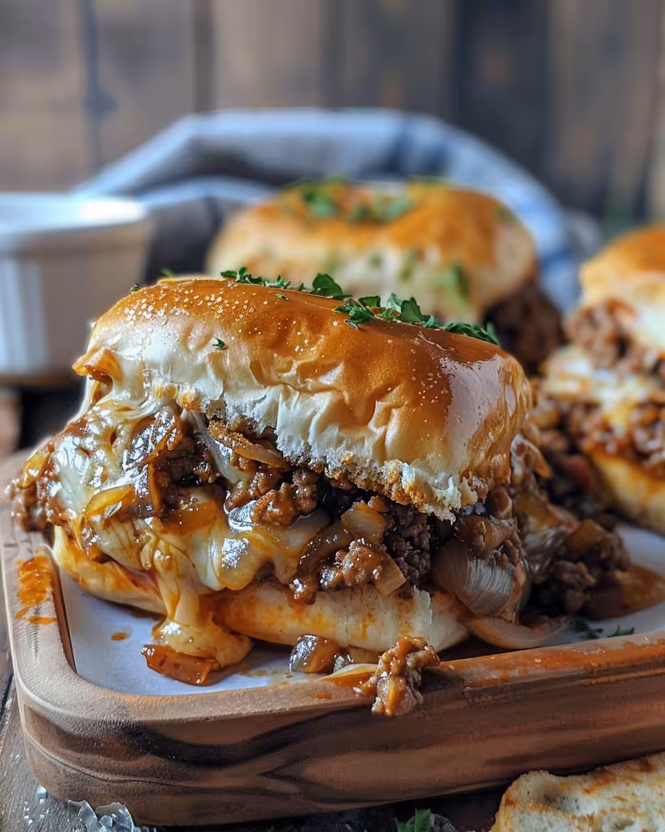 Serving of French onion beef sloppy joes with melted provolone on top