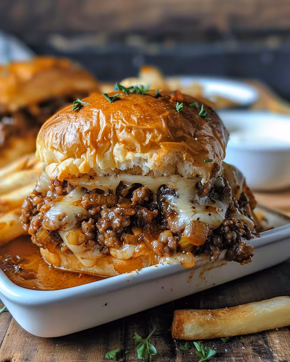 Pressure cooker with comforting French onion beef sloppy joes inside