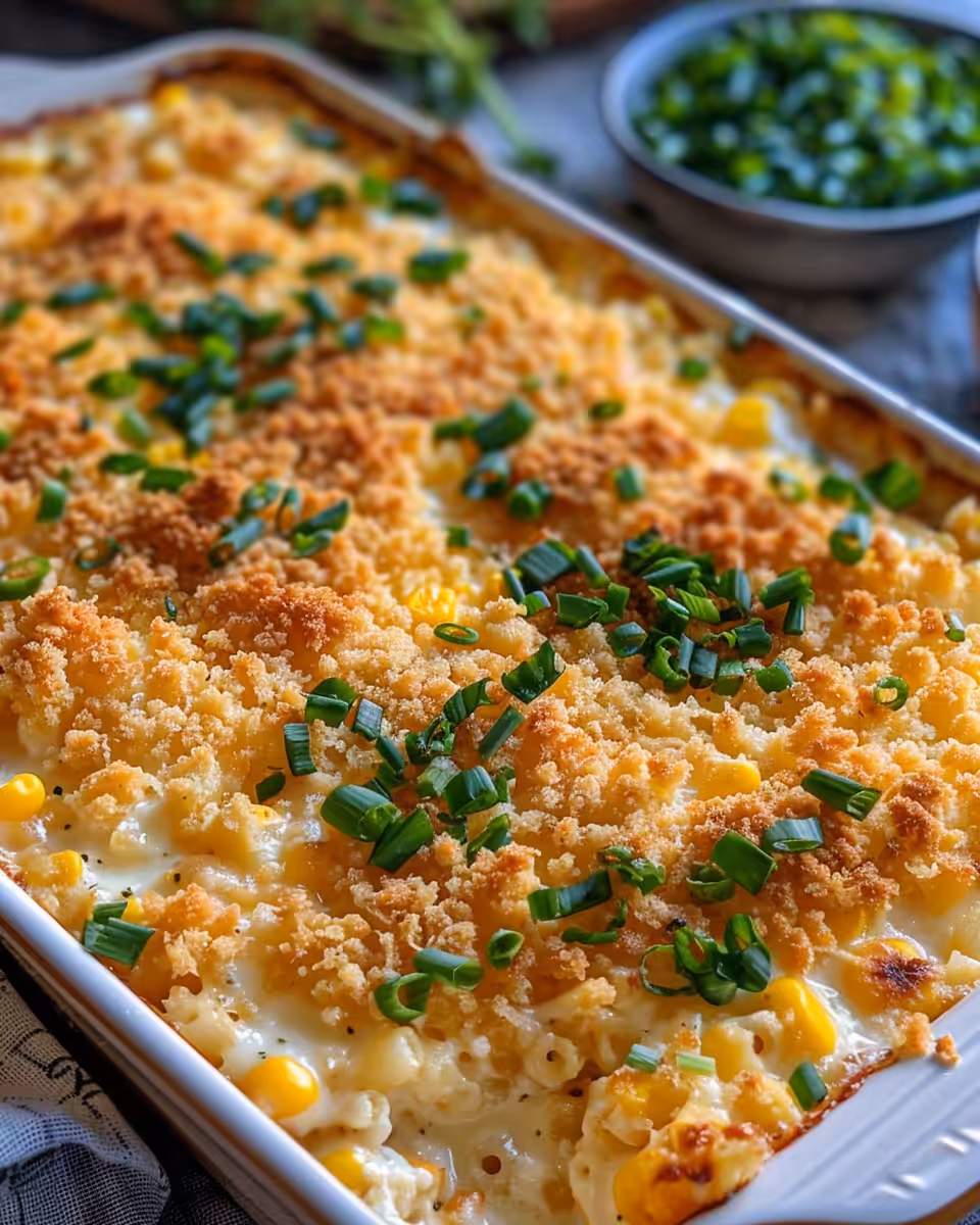 Golden cheesy top of creamy corn casserole ready to serve