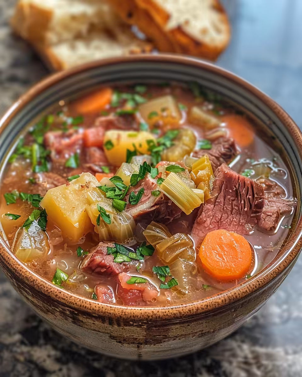 Ingredients for corned beef and cabbage soup cookware tray