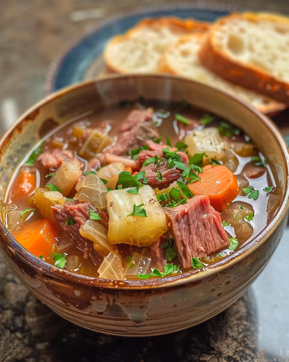Cooking corned beef and cabbage soup in pressure cooker pot