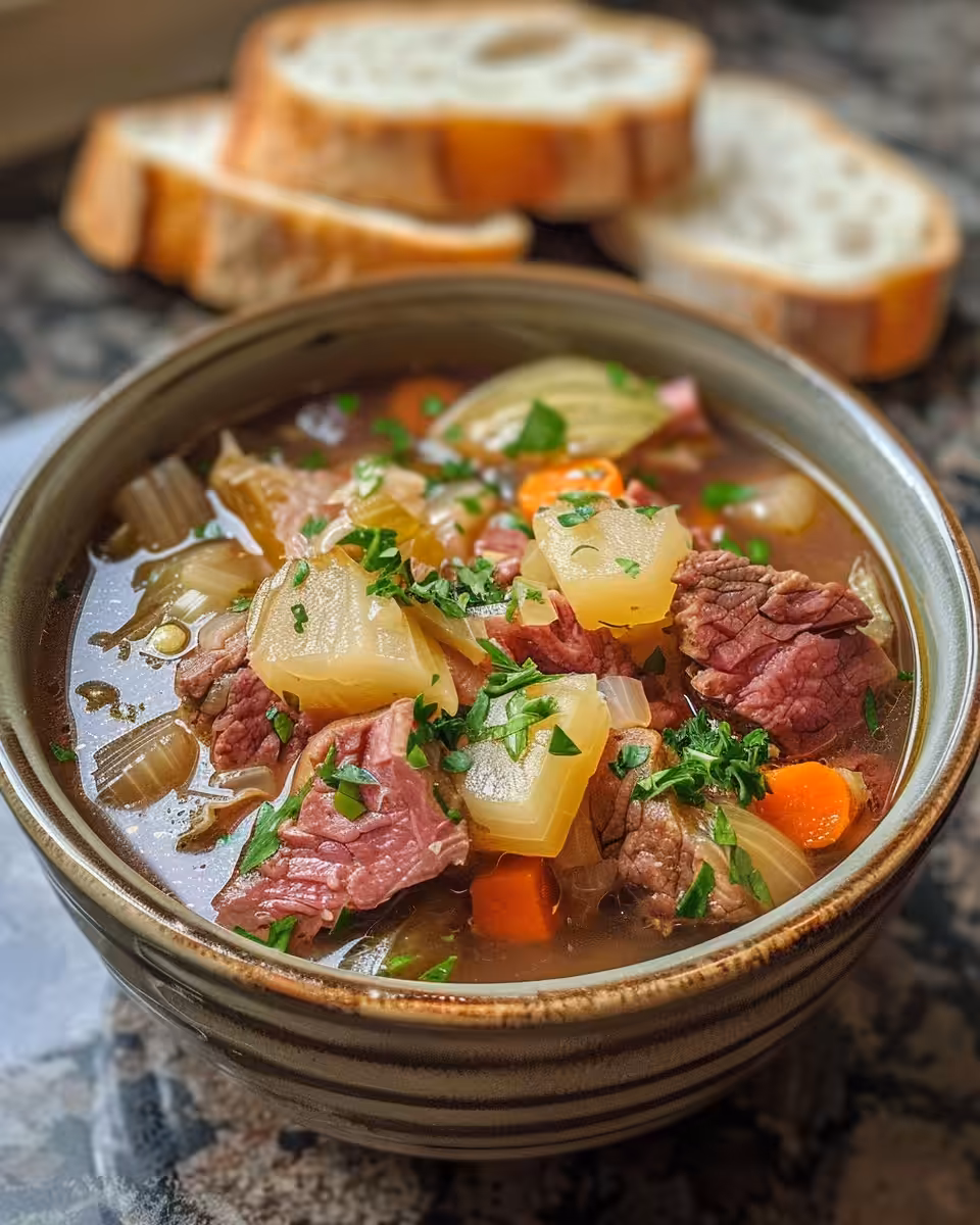 Pressure cooker releasing steam preparing corned beef and cabbage soup