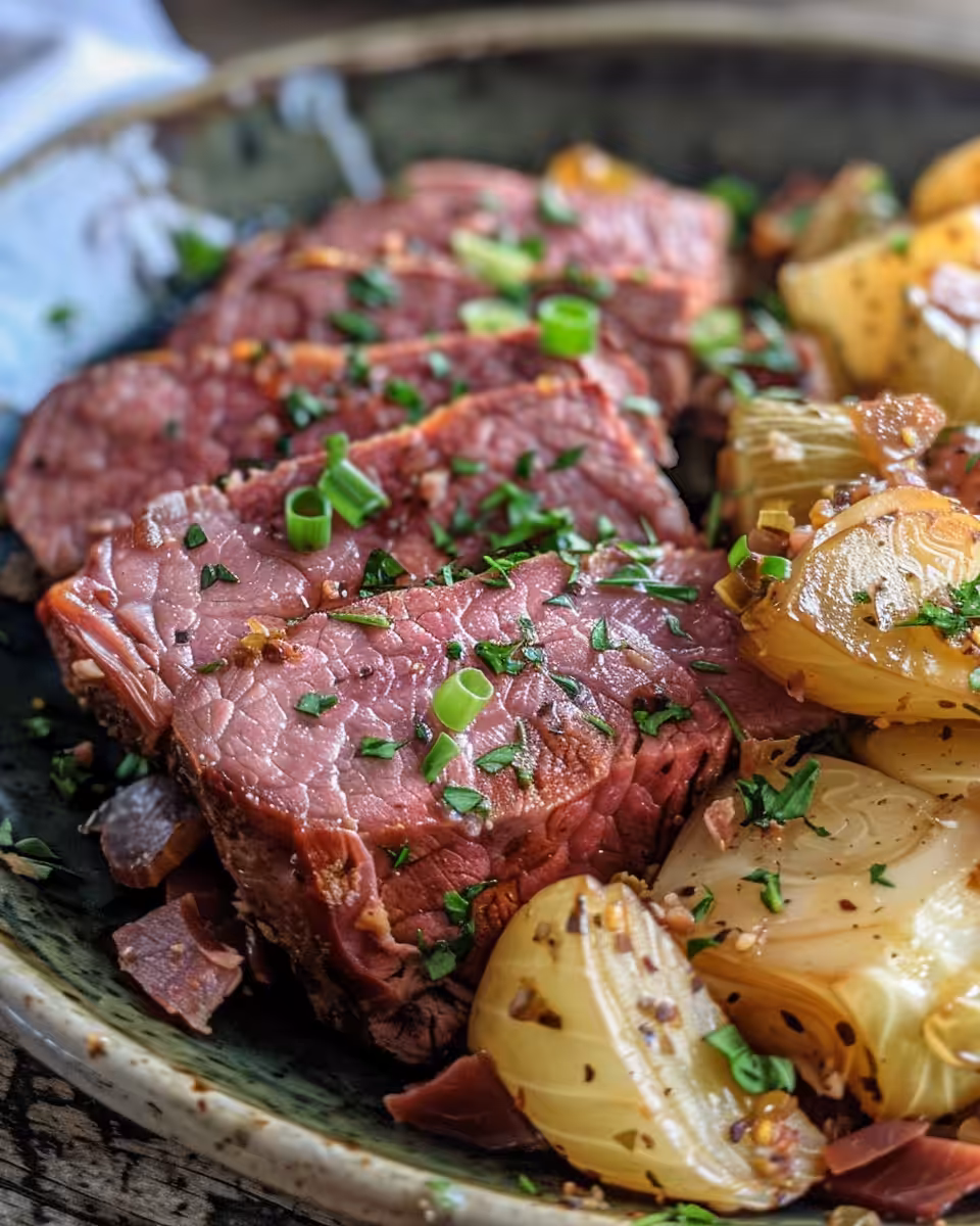 Ingredients for corned beef and cabbage recipe including potatoes, carrots, and garlic