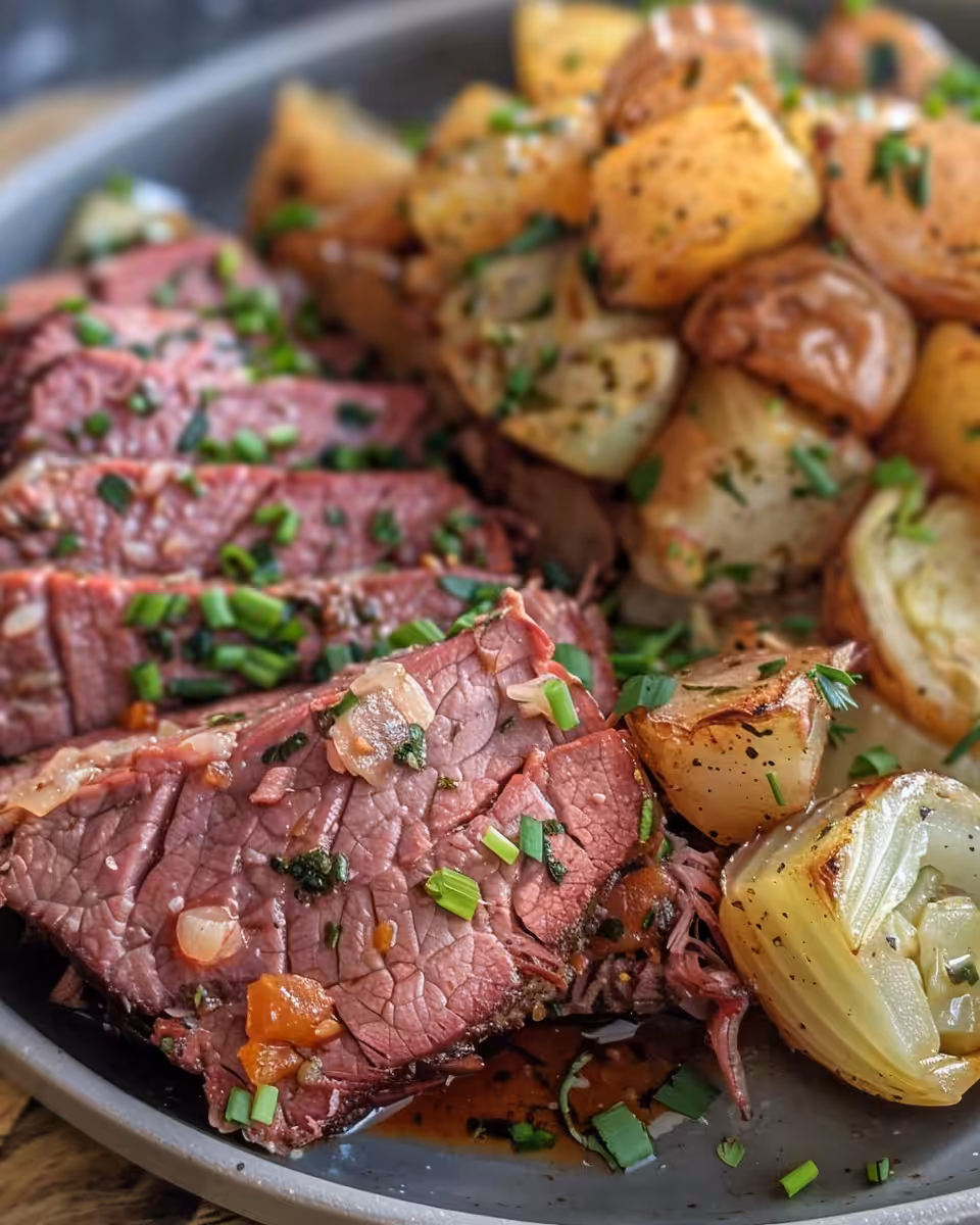 Plated corned beef brisket with cabbage, carrots, and potatoes served fresh