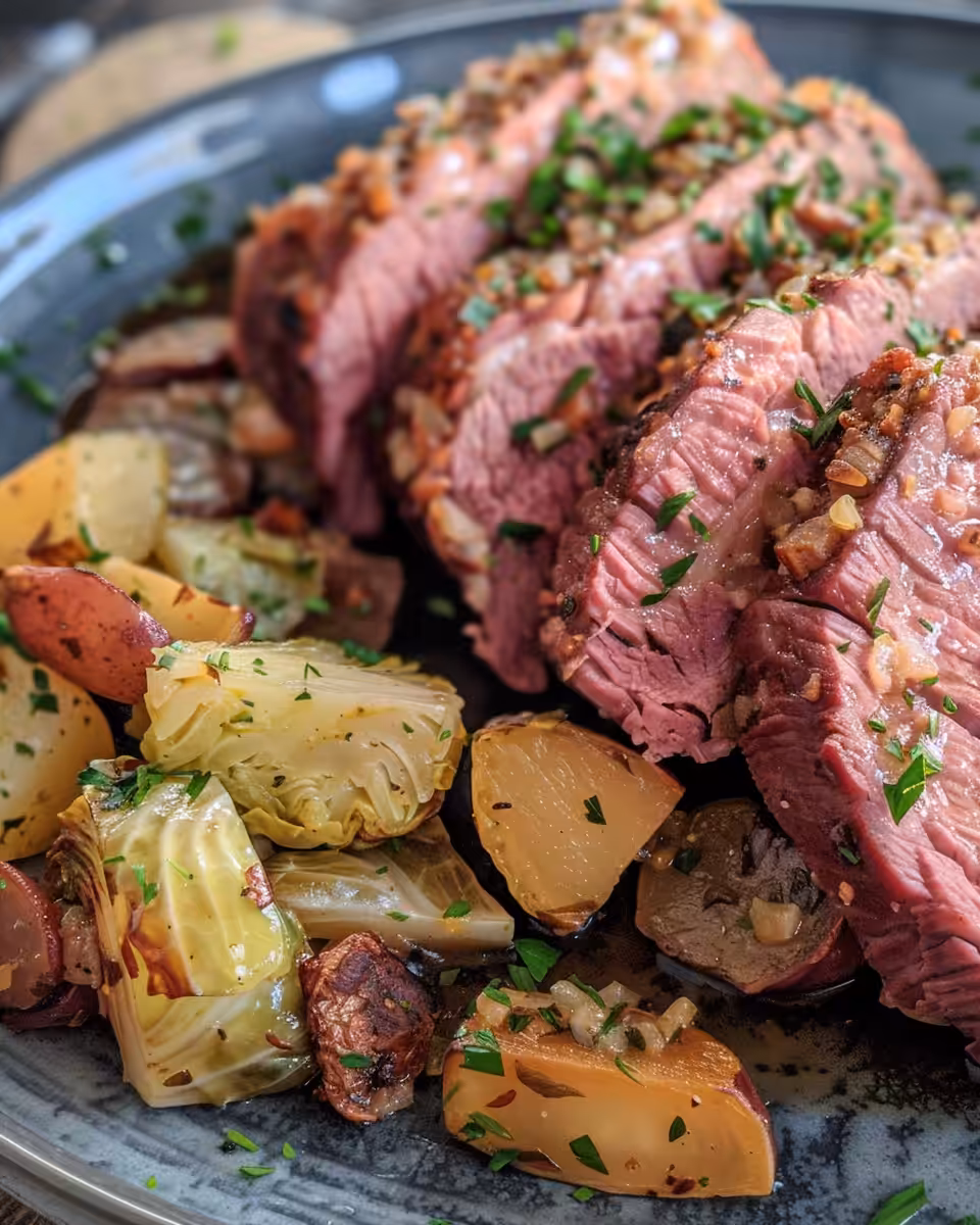 Slow cooker corned beef and cabbage fresh and steaming in pot