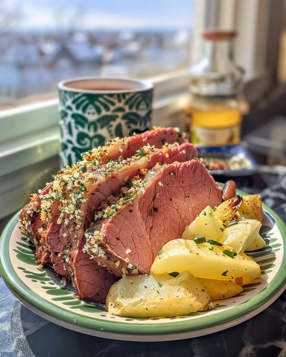 Final plated corned beef brisket served with vegetables and fresh parsley garnish