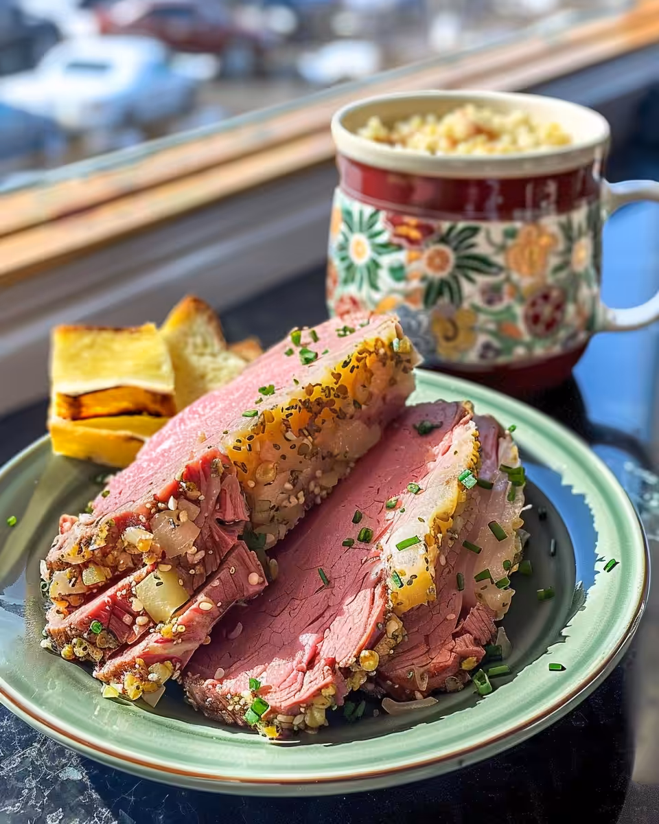Corned beef cooking in slow cooker with light steam and sealed lid, signaling cooking in progress