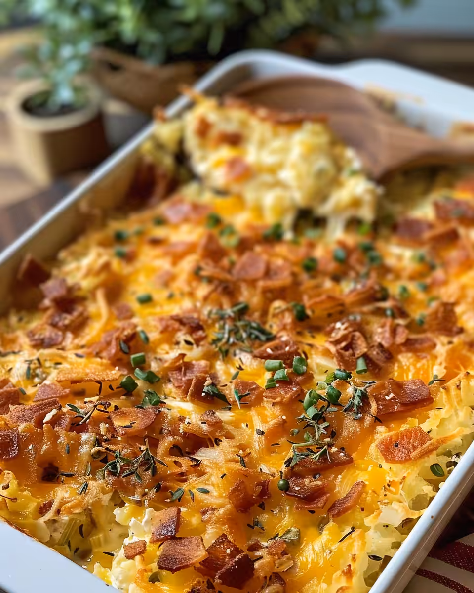 Ingredients for Amish breakfast casserole including bacon, cheeses, potatoes, and eggs