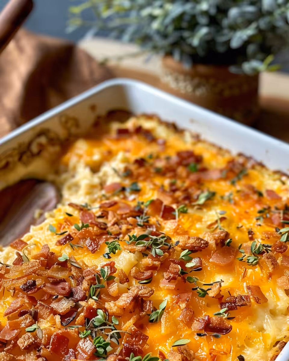 Close-up of the finished American breakfast casserole with melted cheese and crispy bacon