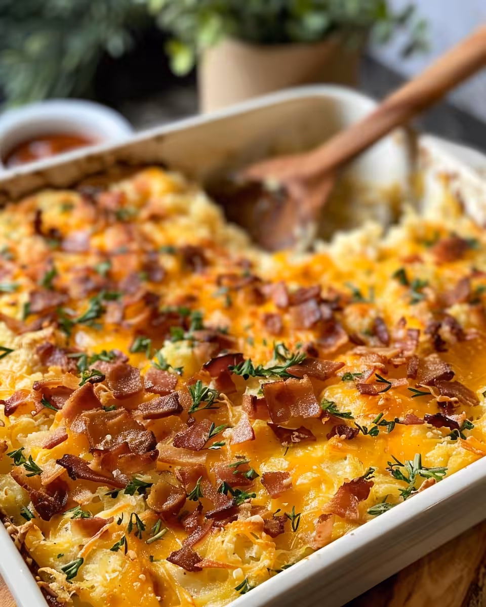 Steaming Amish breakfast casserole showing a comforting kitchen scene
