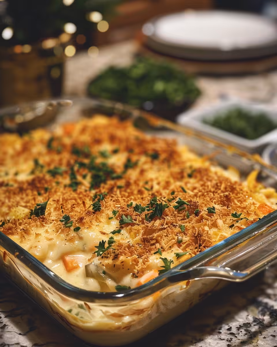 Ingredients mixed together for creamy vegetable casserole in bowl