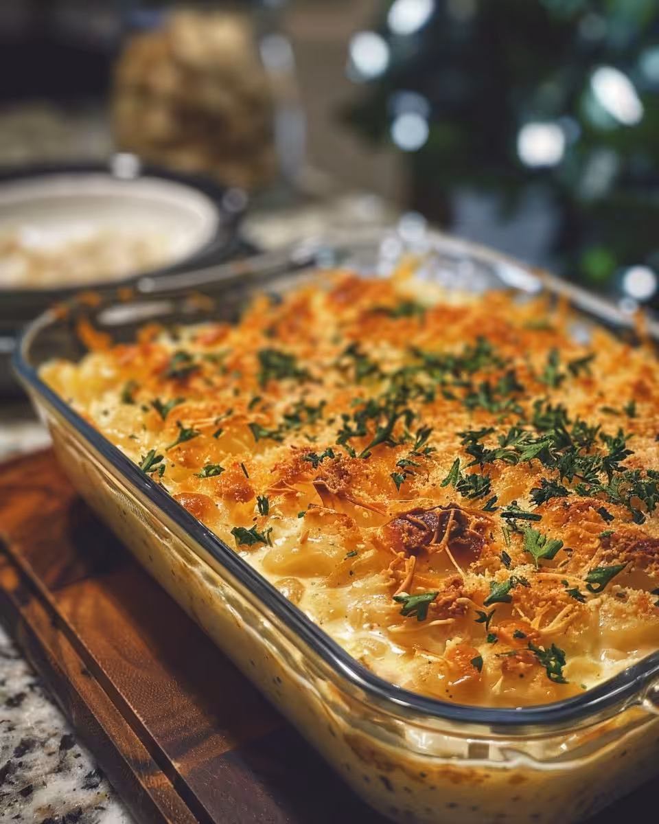 Final serving of creamy vegetable casserole with melted cheesy crust
