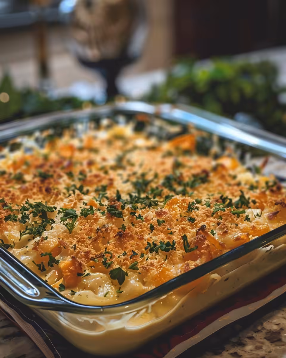 Creamy vegetable casserole baking in pressure cooker with steam rising