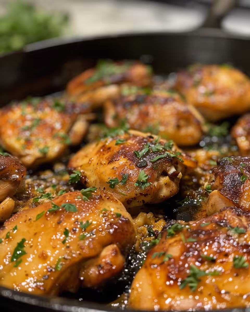 Golden brown honey garlic chicken thighs ready to eat on plate